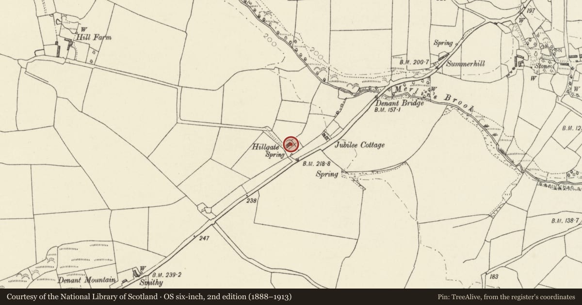 Ordnance Survey six-inch map, 2nd edition (1888–1913) covering the location of Hillgate, Tiers Cross, Pembrokeshire, with a pin at the register's coordinates