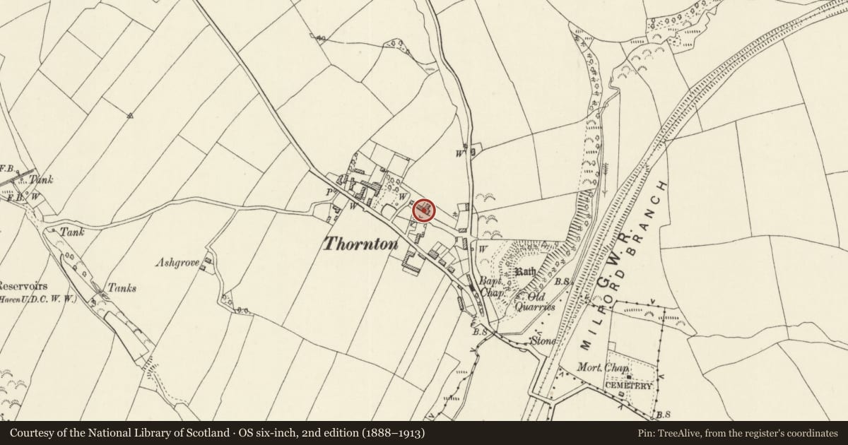Ordnance Survey six-inch map, 2nd edition (1888–1913) covering the location of Sunnybank, including attached outbuildings, Tiers Cross, Pembrokeshire, with a pin at the register's coordinates