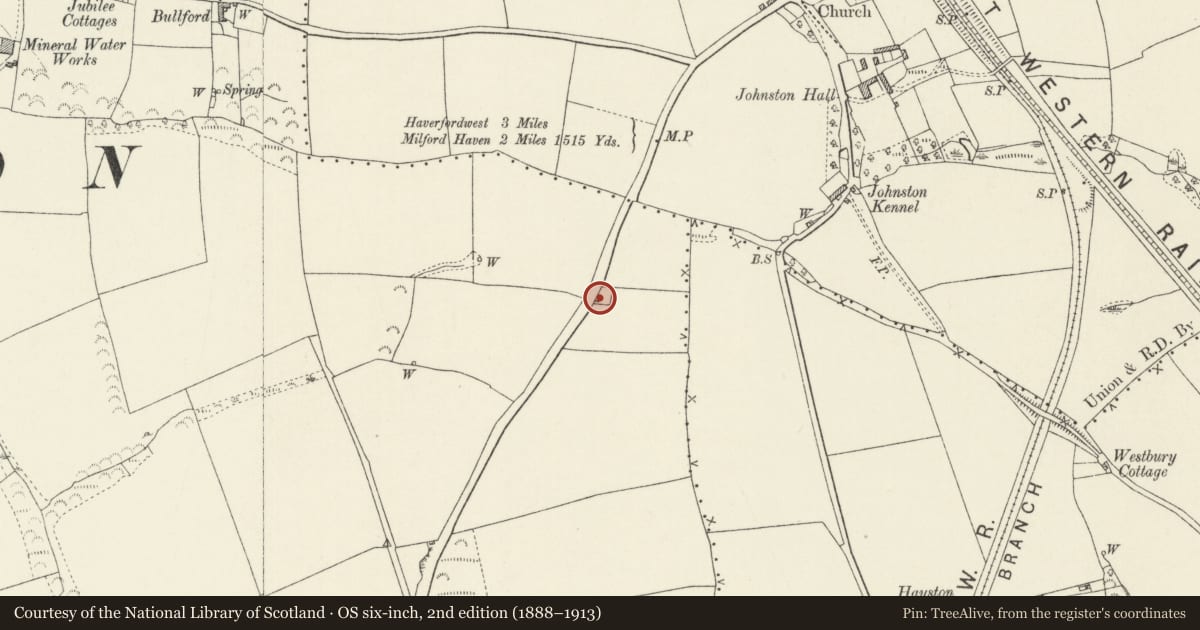 Ordnance Survey six-inch map, 2nd edition (1888–1913) covering the location of Upper Harmeston, Tiers Cross, Pembrokeshire, with a pin at the register's coordinates