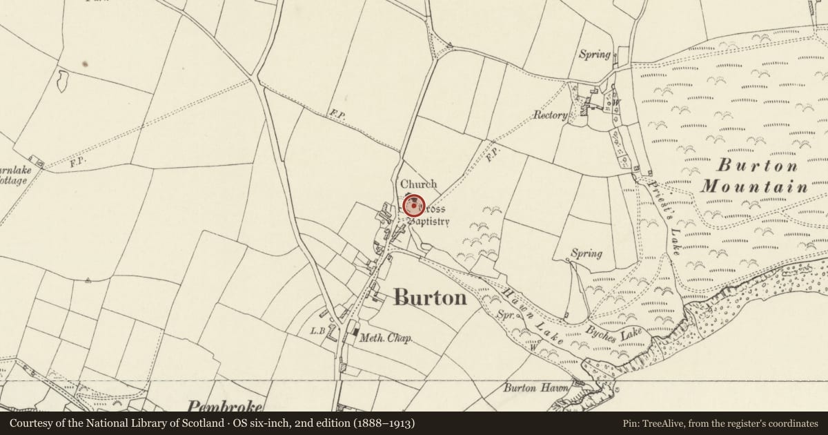 Ordnance Survey six-inch map, 2nd edition (1888–1913) covering the location of Churchyard cross at Church of Saint Mary, Burton, Pembrokeshire, with a pin at the register's coordinates