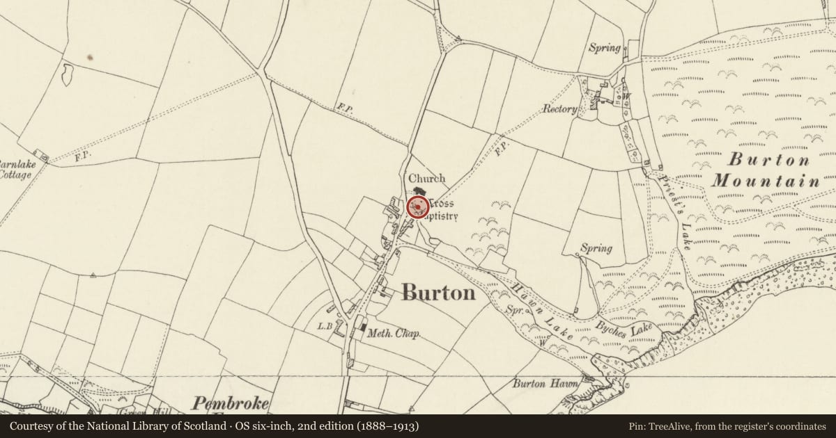 Ordnance Survey six-inch map, 2nd edition (1888–1913) covering the location of Well and total immersion font in churchyard of Church of Saint Mary, Burton, Pembrokeshire, with a pin at the register's coordinates