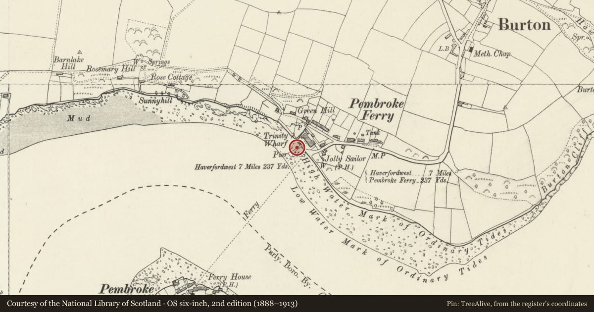 Ordnance Survey six-inch map, 2nd edition (1888–1913) covering the location of Timber jetty, wall and gatepiers to Trinity House, Burton, Pembrokeshire, with a pin at the register's coordinates