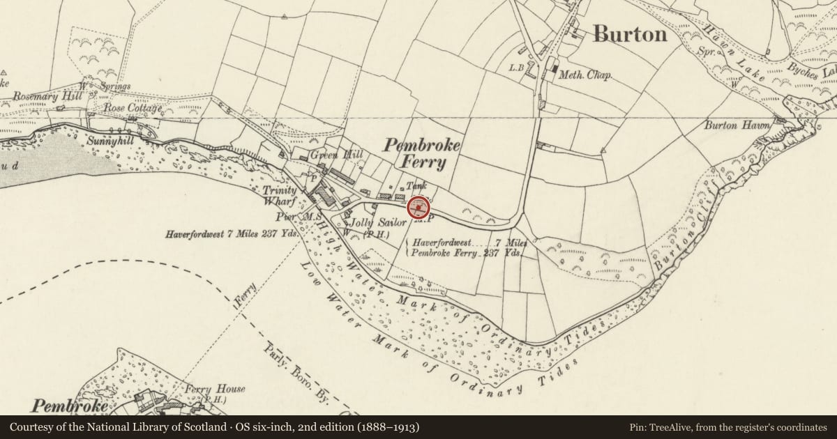 Ordnance Survey six-inch map, 2nd edition (1888–1913) covering the location of Milepost at Burton Ferry, Pembrokeshire, with a pin at the register's coordinates