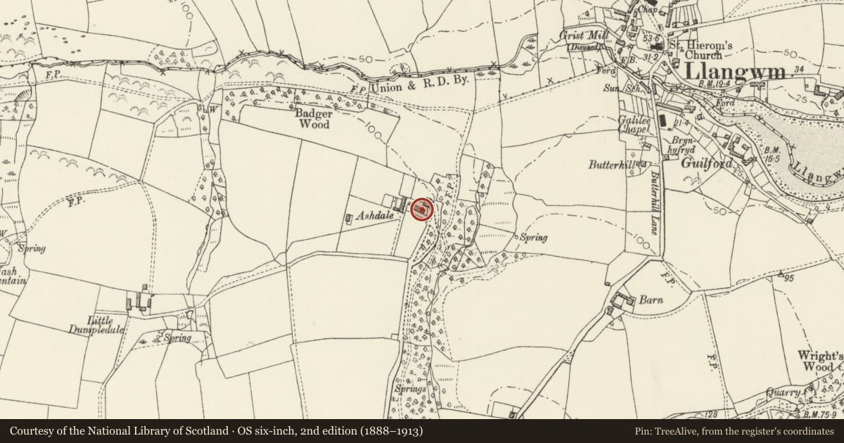 Ordnance Survey six-inch map, 2nd edition (1888–1913) covering the location of Ashdale House, Burton, Pembrokeshire, with a pin at the register's coordinates