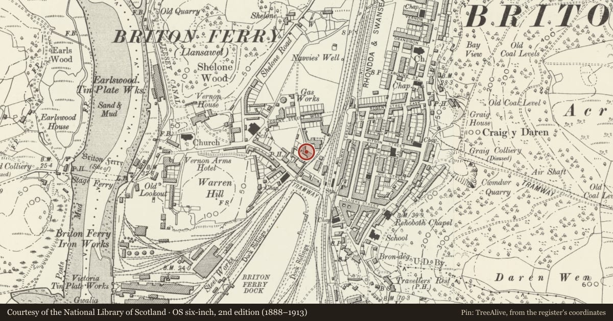 Ordnance Survey six-inch map, 2nd edition (1888–1913) covering the location of Workshops, stores and office at Briton Ferry Foundary, Neath Port Talbot, with a pin at the register's coordinates