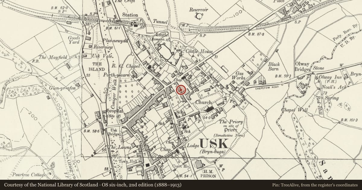 Ordnance Survey six-inch map, 2nd edition (1888–1913) covering the location of 10 Twyn Square, Usk, Monmouthshire, with a pin at the register's coordinates
