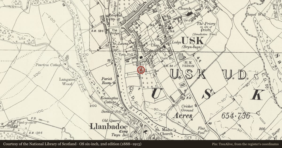 Ordnance Survey six-inch map, 2nd edition (1888–1913) covering the location of 13 Baron Street, Usk, Monmouthshire, with a pin at the register's coordinates