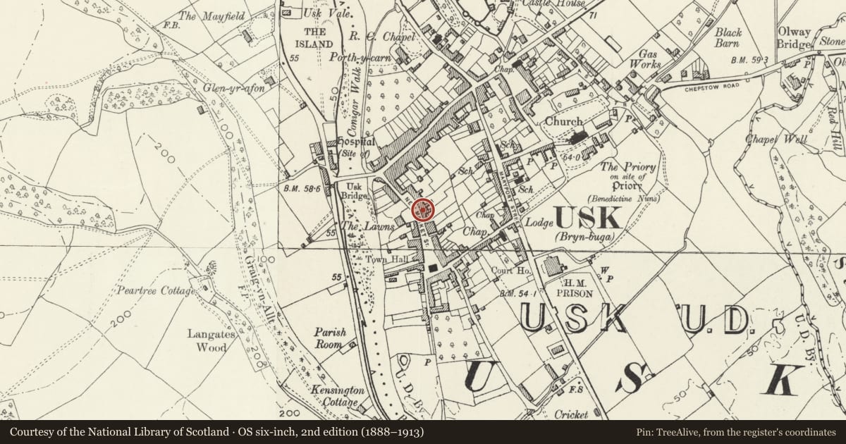 Ordnance Survey six-inch map, 2nd edition (1888–1913) covering the location of 19 New Market Street, Usk, Monmouthshire, with a pin at the register's coordinates
