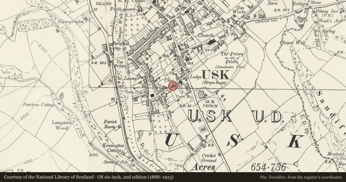 Ordnance Survey six-inch map, 2nd edition (1888–1913) covering the location of 19 Old Market Street, Usk, Monmouthshire, with a pin at the register's coordinates