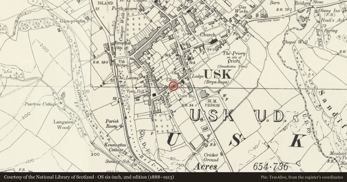 Ordnance Survey six-inch map, 2nd edition (1888–1913) covering the location of 23 Old Market Street, Usk, Monmouthshire, with a pin at the register's coordinates