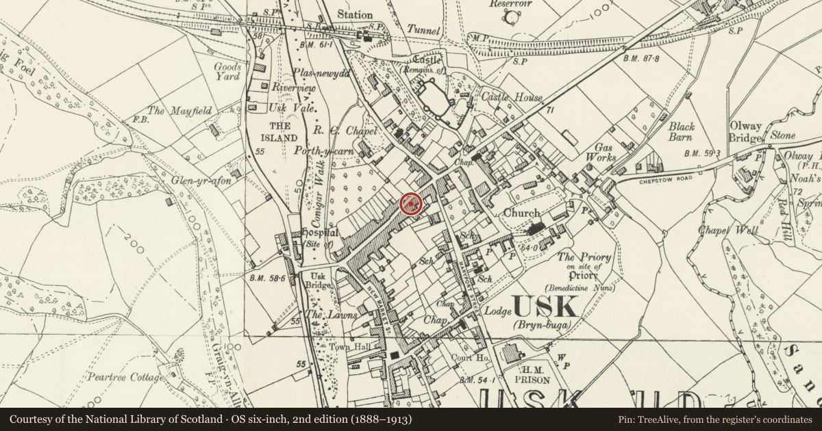Ordnance Survey six-inch map, 2nd edition (1888–1913) covering the location of 25 Bridge Street, Usk, Monmouthshire, with a pin at the register's coordinates