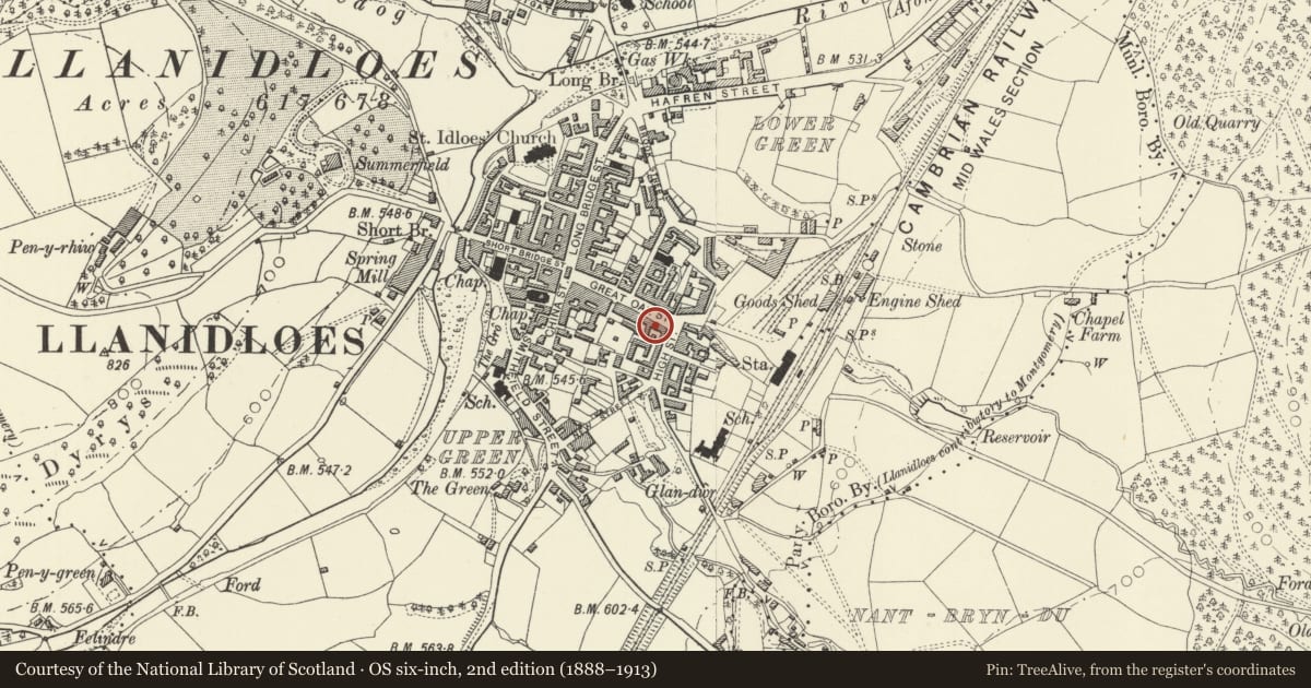 Ordnance Survey six-inch map, 2nd edition (1888–1913) covering the location of 20 Great Oak Street, Llanidloes, Powys, with a pin at the register's coordinates