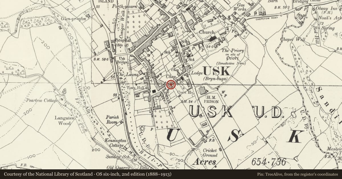 Ordnance Survey six-inch map, 2nd edition (1888–1913) covering the location of 27 Old Market Street, Usk, Monmouthshire, with a pin at the register's coordinates