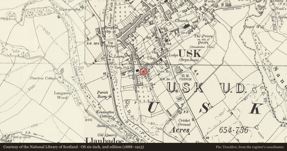 Ordnance Survey six-inch map, 2nd edition (1888–1913) covering the location of 33 Old Market Street, Usk, Monmouthshire, with a pin at the register's coordinates