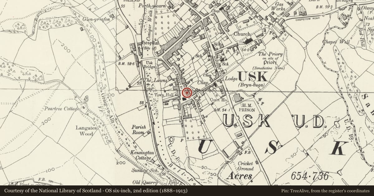Ordnance Survey six-inch map, 2nd edition (1888–1913) covering the location of 35 New Market Street, Usk, Monmouthshire, with a pin at the register's coordinates