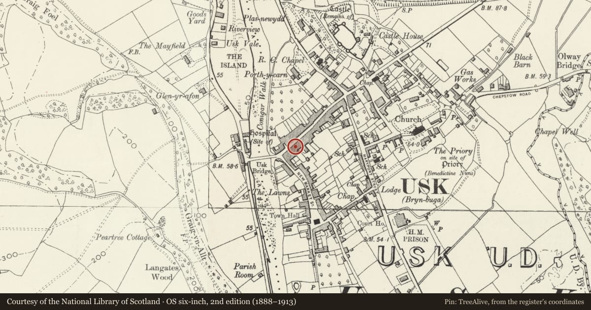 Ordnance Survey six-inch map, 2nd edition (1888–1913) covering the location of 59 Bridge Street, Usk, Monmouthshire, with a pin at the register's coordinates