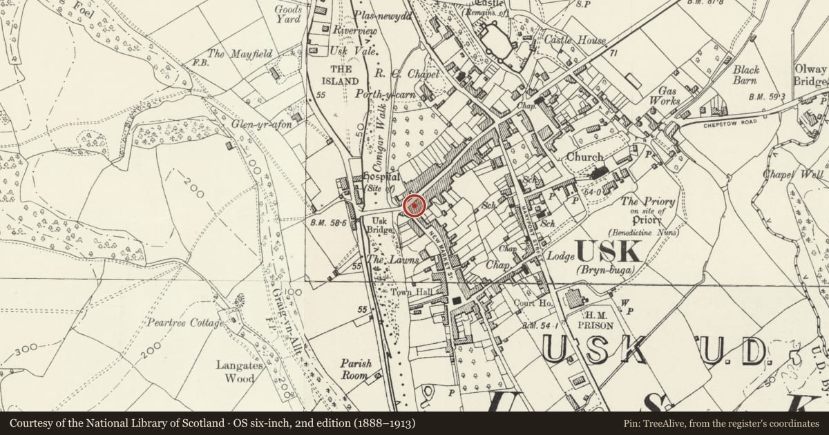 Ordnance Survey six-inch map, 2nd edition (1888–1913) covering the location of 67 Bridge Street, Usk, Monmouthshire, with a pin at the register's coordinates