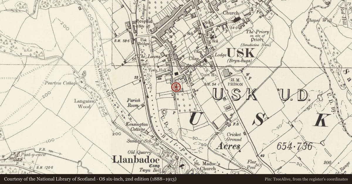 Ordnance Survey six-inch map, 2nd edition (1888–1913) covering the location of 9 Baron Street, Usk, Monmouthshire, with a pin at the register's coordinates