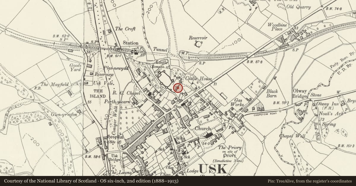 Ordnance Survey six-inch map, 2nd edition (1888–1913) covering the location of Barn at Castle House, Usk, Monmouthshire, with a pin at the register's coordinates