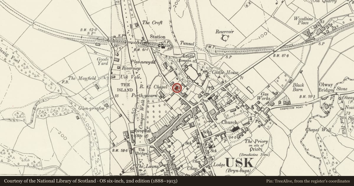 Ordnance Survey six-inch map, 2nd edition (1888–1913) covering the location of Church of St Francis Xavier and St David Lewis, Usk, Monmouthshire, with a pin at the register's coordinates