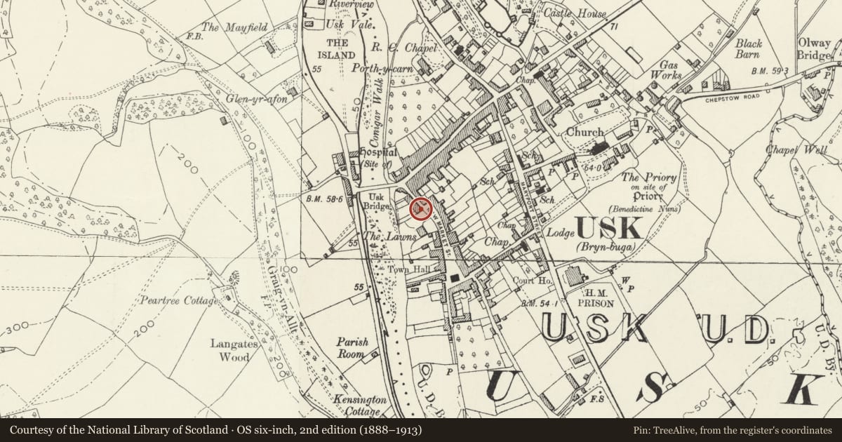 Ordnance Survey six-inch map, 2nd edition (1888–1913) covering the location of Clemendy Cottage, Usk, Monmouthshire, with a pin at the register's coordinates