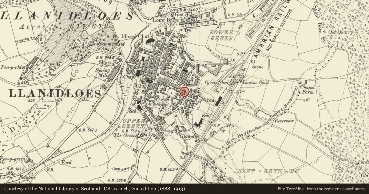Ordnance Survey six-inch map, 2nd edition (1888–1913) covering the location of 46 High St. (Great Oak St.), Llanidloes, Powys, with a pin at the register's coordinates