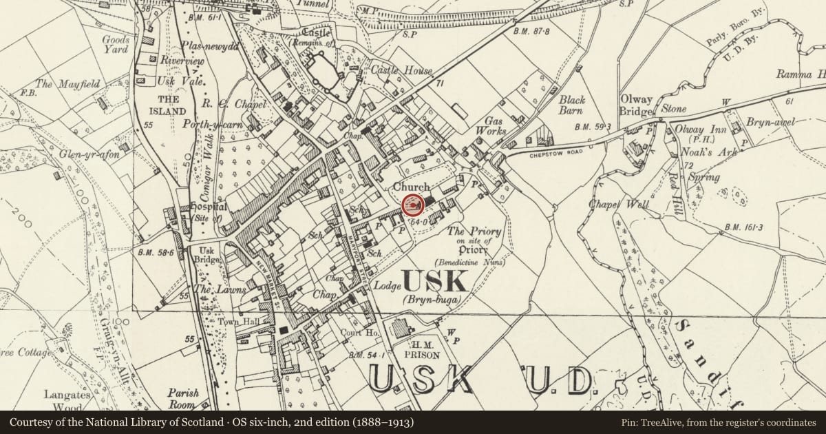 Ordnance Survey six-inch map, 2nd edition (1888–1913) covering the location of Matthews Tomb in St Mary's Churchyard, Usk, Monmouthshire, with a pin at the register's coordinates