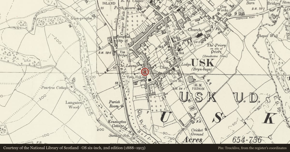 Ordnance Survey six-inch map, 2nd edition (1888–1913) covering the location of Min Yr Afon, Usk, Monmouthshire, with a pin at the register's coordinates