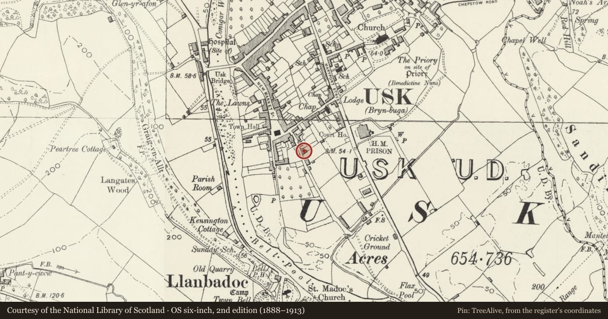 Ordnance Survey six-inch map, 2nd edition (1888–1913) covering the location of No.13 Mill Street, and forecourt wall & iron railings, Usk, Monmouthshire, with a pin at the register's coordinates