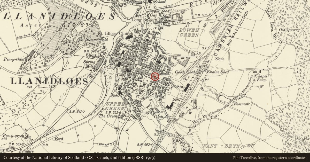 Ordnance Survey six-inch map, 2nd edition (1888–1913) covering the location of 22 Great Oak Street, Llanidloes, Powys, with a pin at the register's coordinates