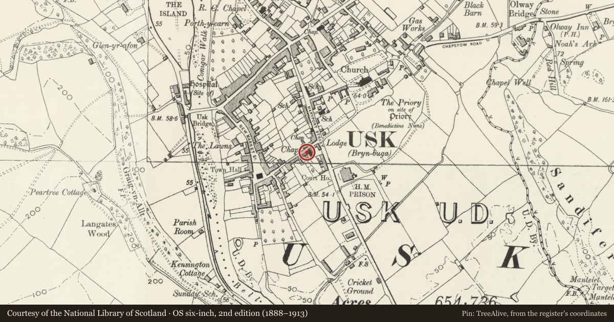 Ordnance Survey six-inch map, 2nd edition (1888–1913) covering the location of No.3 Old Market Street, and attached iron railings, Usk, Monmouthshire, with a pin at the register's coordinates