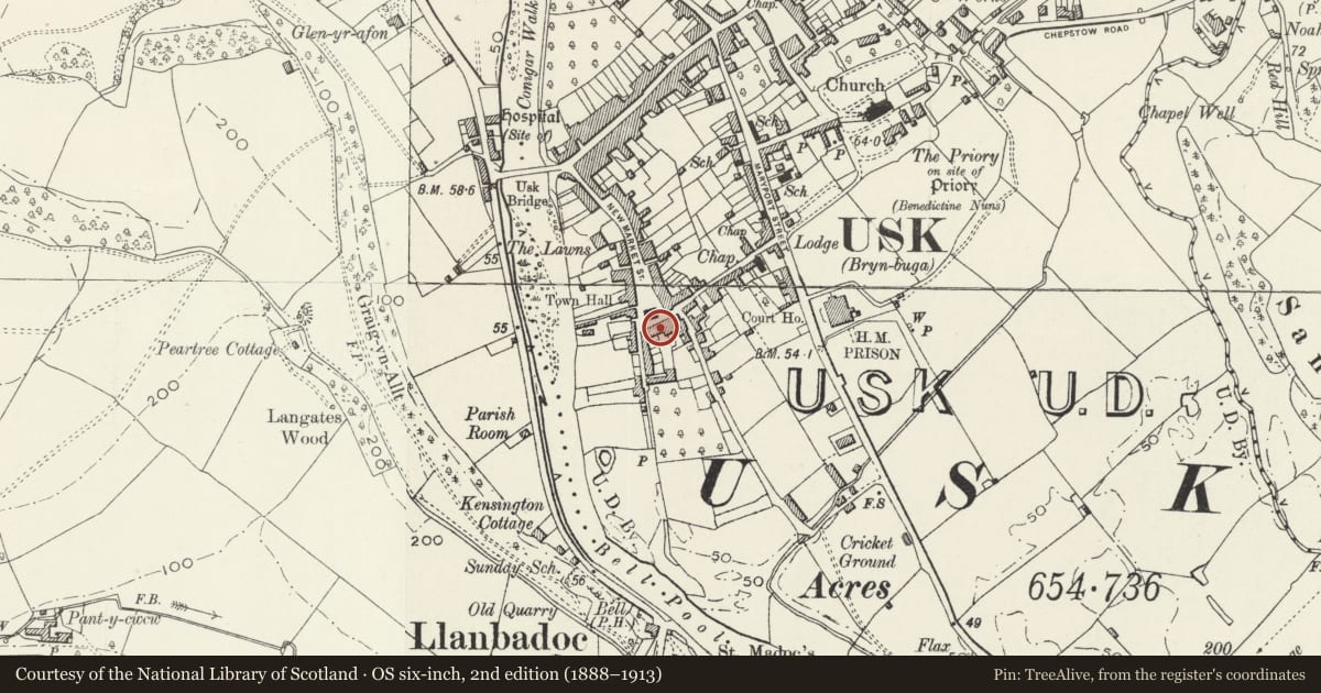 Ordnance Survey six-inch map, 2nd edition (1888–1913) covering the location of No.41 Old Market Street, and attached iron railings, Usk, Monmouthshire, with a pin at the register's coordinates