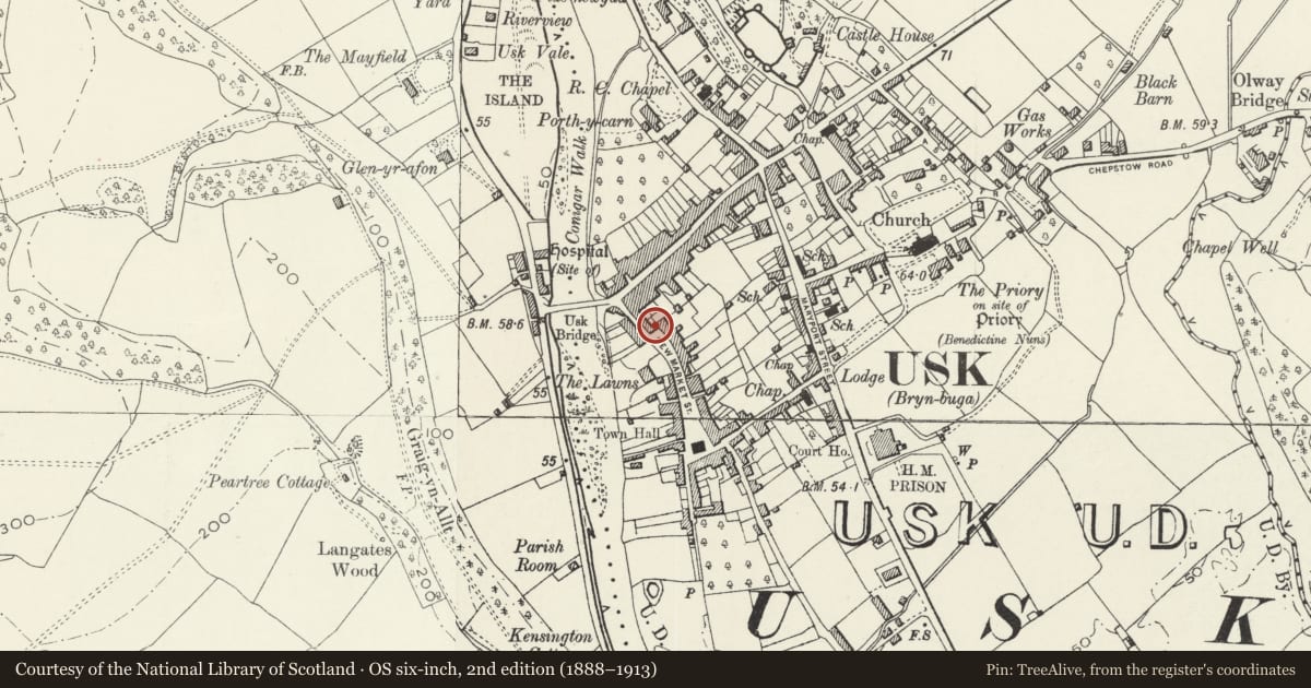 Ordnance Survey six-inch map, 2nd edition (1888–1913) covering the location of No.7 New Market Street, and attached iron railings, Usk, Monmouthshire, with a pin at the register's coordinates