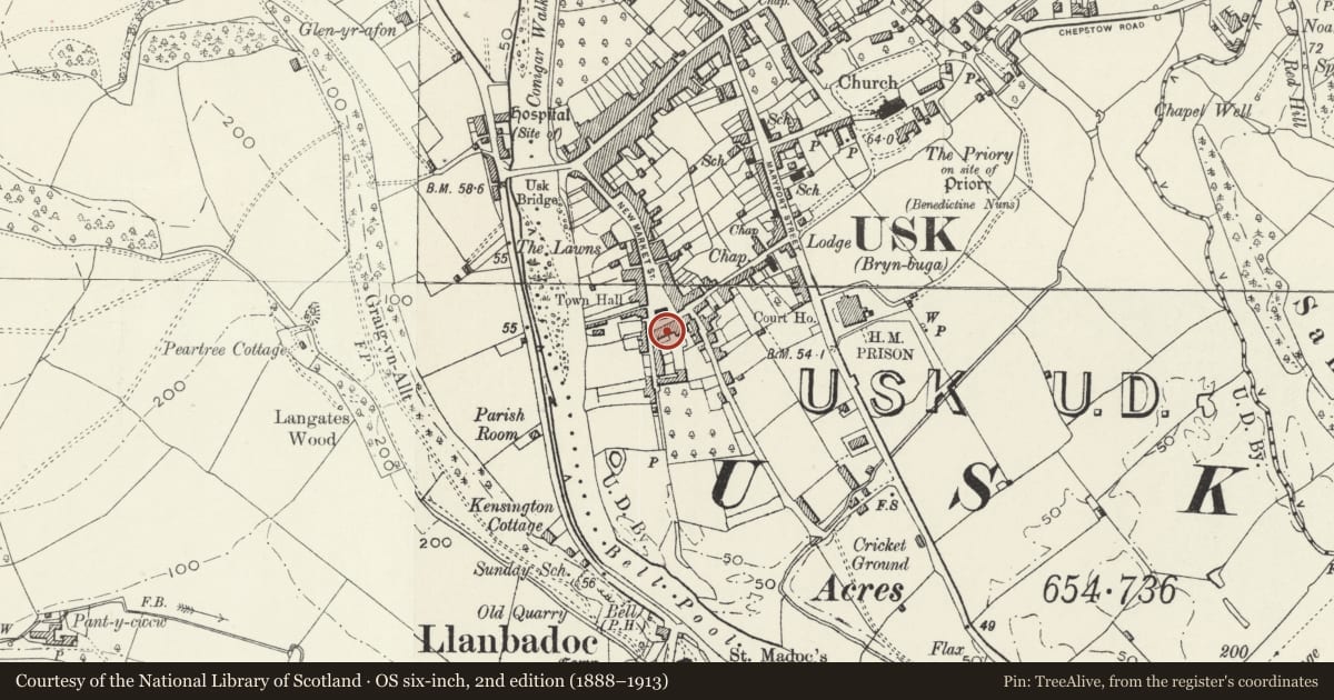 Ordnance Survey six-inch map, 2nd edition (1888–1913) covering the location of Nos.43 & 45 Old Market Street and attached iron railings, Usk, Monmouthshire, with a pin at the register's coordinates