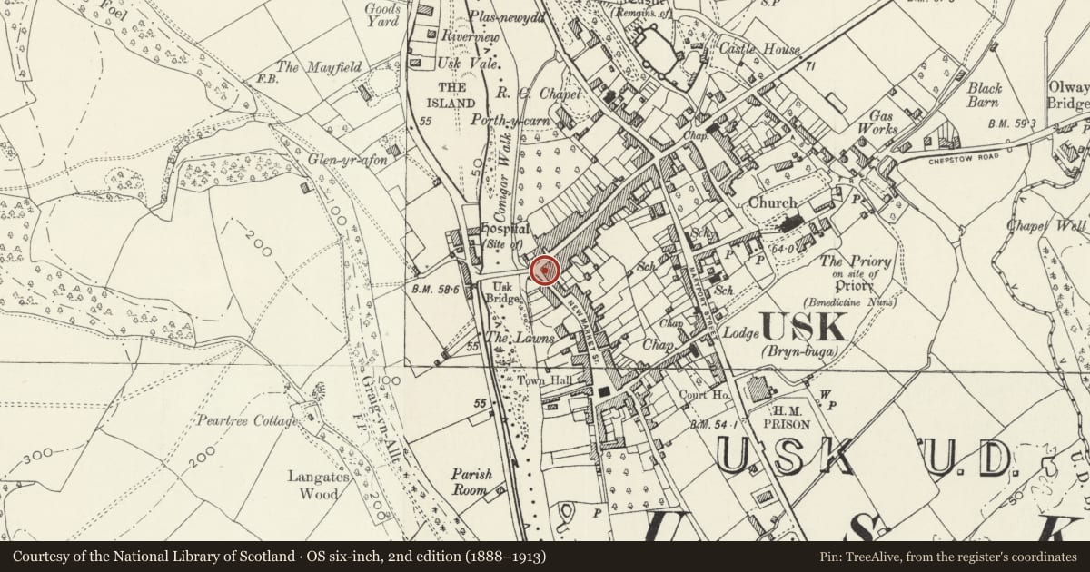 Ordnance Survey six-inch map, 2nd edition (1888–1913) covering the location of The Cardiff Arms PH and attached wing, Usk, Monmouthshire, with a pin at the register's coordinates