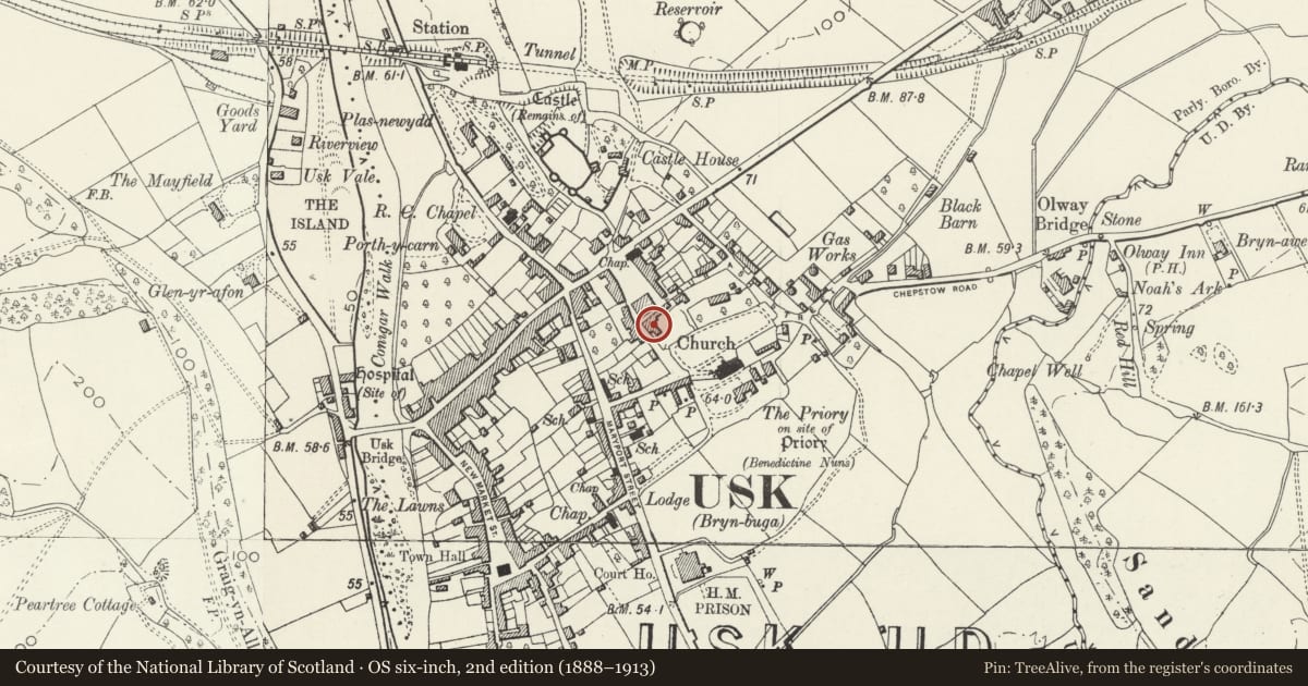Ordnance Survey six-inch map, 2nd edition (1888–1913) covering the location of Ty Brith Cottage, Usk, Monmouthshire, with a pin at the register's coordinates