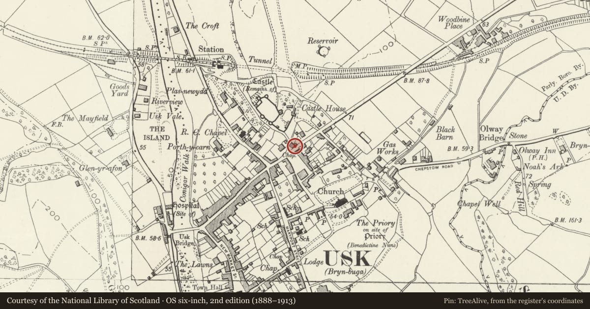 Ordnance Survey six-inch map, 2nd edition (1888–1913) covering the location of Ty Cornel, Usk, Monmouthshire, with a pin at the register's coordinates