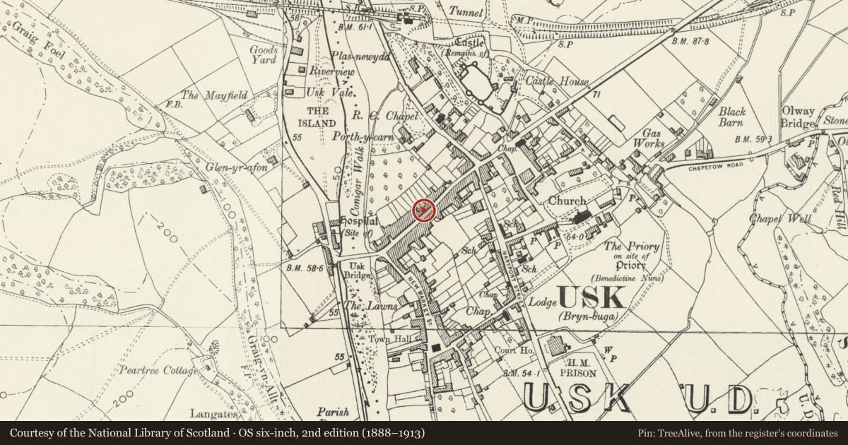 Ordnance Survey six-inch map, 2nd edition (1888–1913) covering the location of Ty Tadcu, Usk, Monmouthshire, with a pin at the register's coordinates