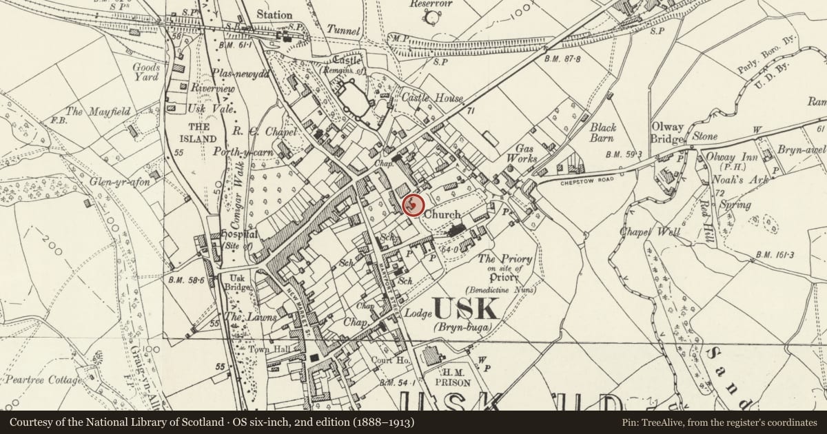 Ordnance Survey six-inch map, 2nd edition (1888–1913) covering the location of Ty'r Ardd (Garden House), Usk, Monmouthshire, with a pin at the register's coordinates