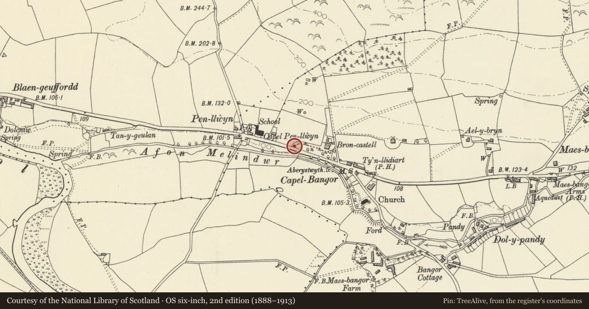 Ordnance Survey six-inch map, 2nd edition (1888–1913) covering the location of Entrance gates to Broncastell, Melindwr, Ceredigion, with a pin at the register's coordinates