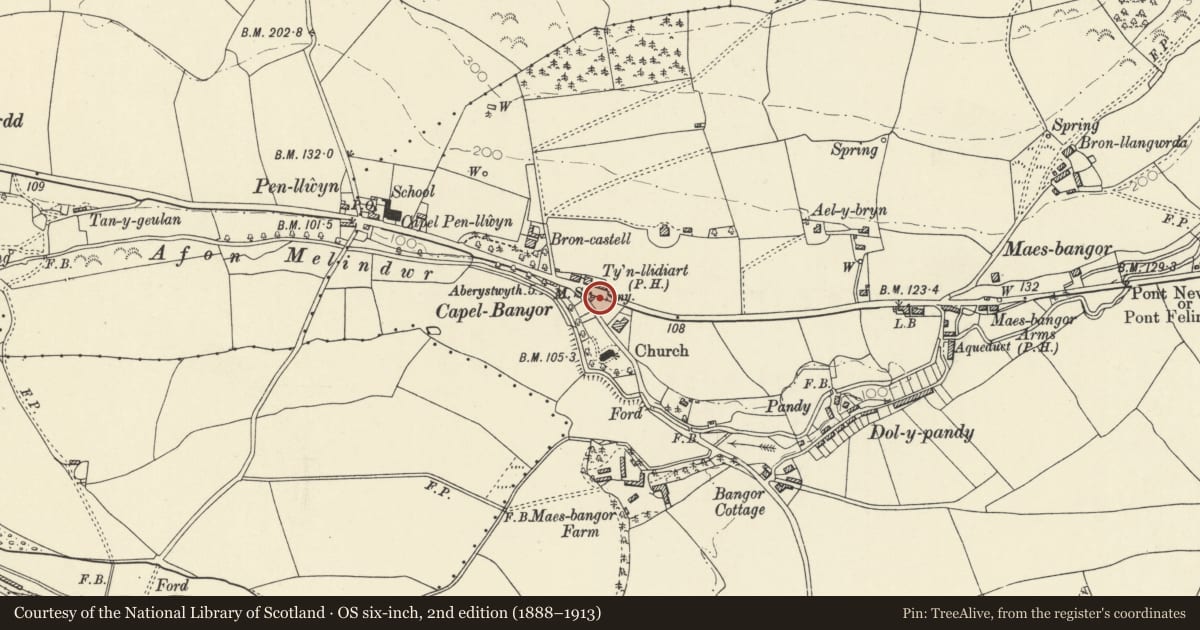 Ordnance Survey six-inch map, 2nd edition (1888–1913) covering the location of Milestone at Capel Bangor, Melindwr, Ceredigion, with a pin at the register's coordinates