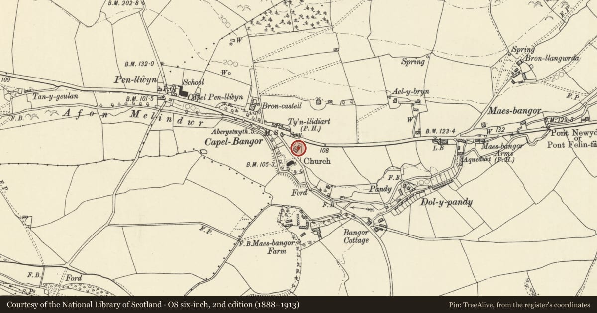Ordnance Survey six-inch map, 2nd edition (1888–1913) covering the location of The Church Hall, Melindwr, Ceredigion, with a pin at the register's coordinates