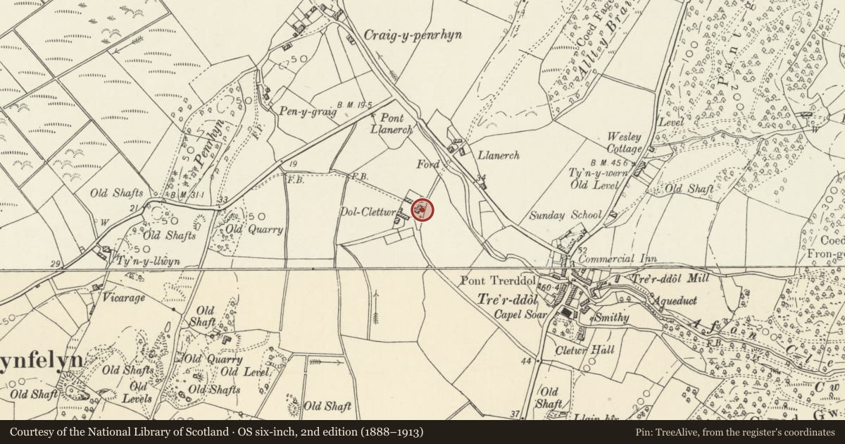 Ordnance Survey six-inch map, 2nd edition (1888–1913) covering the location of Dol Clettwr, Llangynfelyn, Ceredigion, with a pin at the register's coordinates