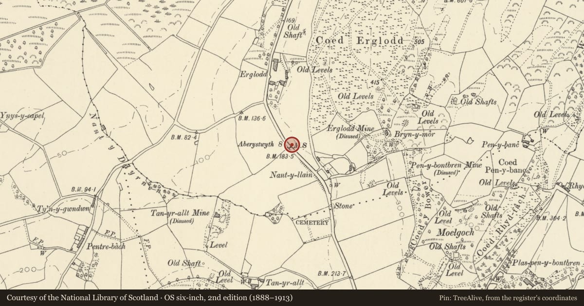 Ordnance Survey six-inch map, 2nd edition (1888–1913) covering the location of Milestone near Erglodd, Llangynfelyn, Ceredigion, with a pin at the register's coordinates