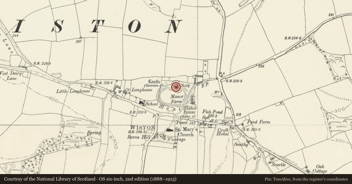 Ordnance Survey six-inch map, 2nd edition (1888–1913) covering the location of Wiston Castle, Pembrokeshire, with a pin at the register's coordinates