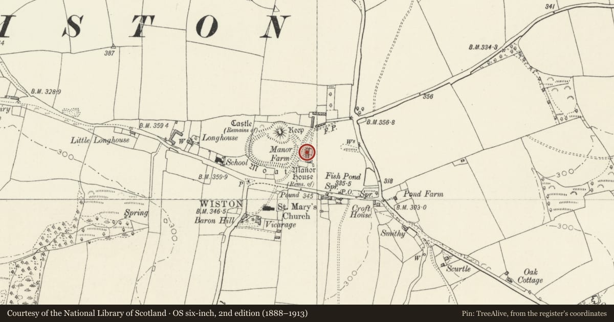 Ordnance Survey six-inch map, 2nd edition (1888–1913) covering the location of Manor House, Wiston, Pembrokeshire, with a pin at the register's coordinates