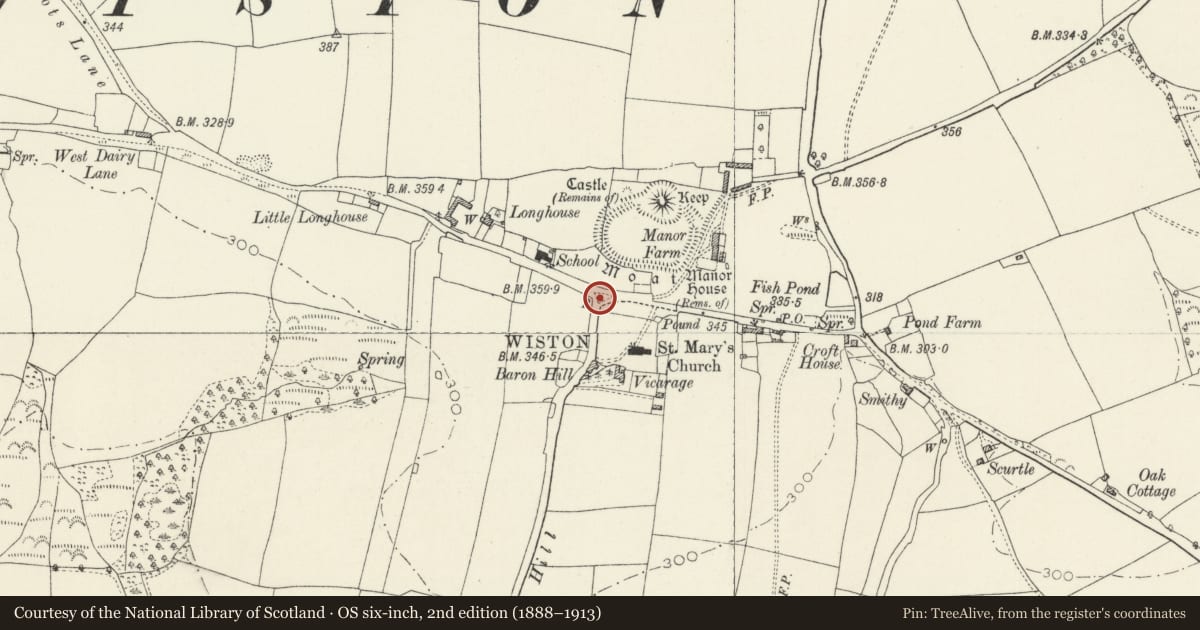 Ordnance Survey six-inch map, 2nd edition (1888–1913) covering the location of Village Pump at Wiston, Pembrokeshire, with a pin at the register's coordinates