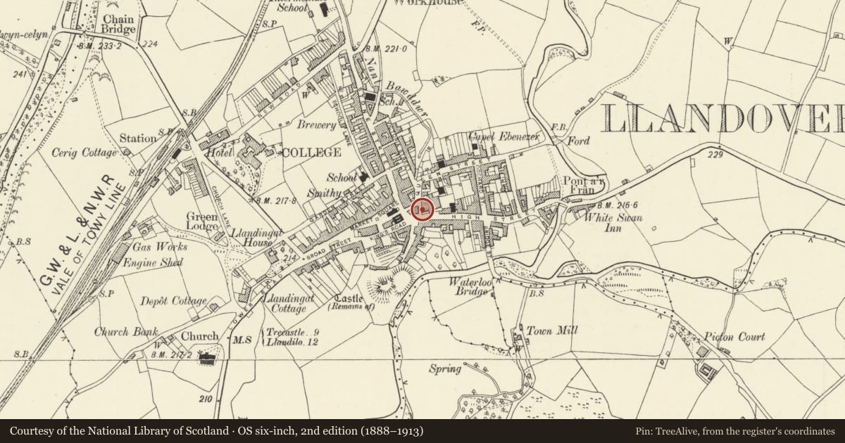 Ordnance Survey six-inch map, 2nd edition (1888–1913) covering the location of Belmont including front walls, railings and gate, Llandovery, Carmarthenshire, with a pin at the register's coordinates