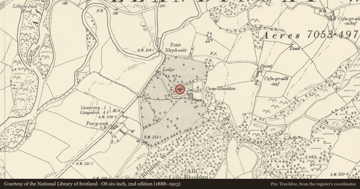 Ordnance Survey six-inch map, 2nd edition (1888–1913) covering the location of Cwm Rhuddan, Llandovery, Carmarthenshire, with a pin at the register's coordinates