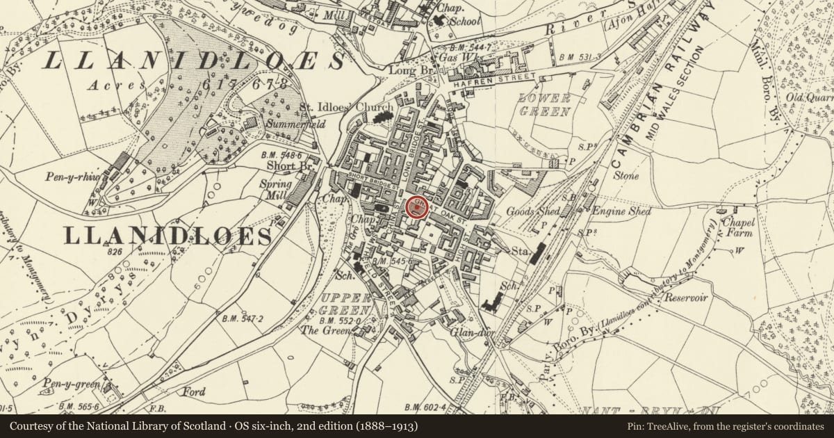 Ordnance Survey six-inch map, 2nd edition (1888–1913) covering the location of Morris, Marshall and Poole, Llanidloes, Powys, with a pin at the register's coordinates